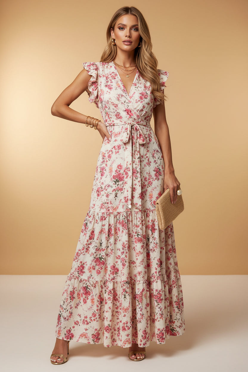 Two women wearing floral dresses standing in a dining area.