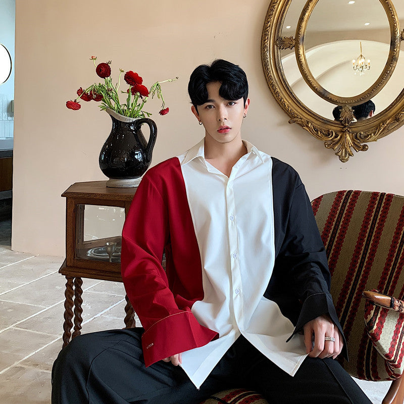 Color Block Loose Fit Long Sleeve Shirt for Men