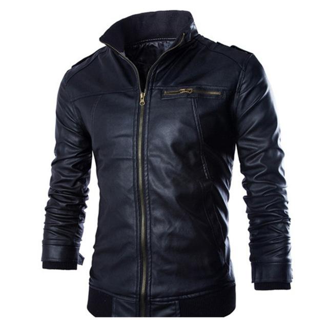 Men's Fashion Leather Jacket with Stand Collar