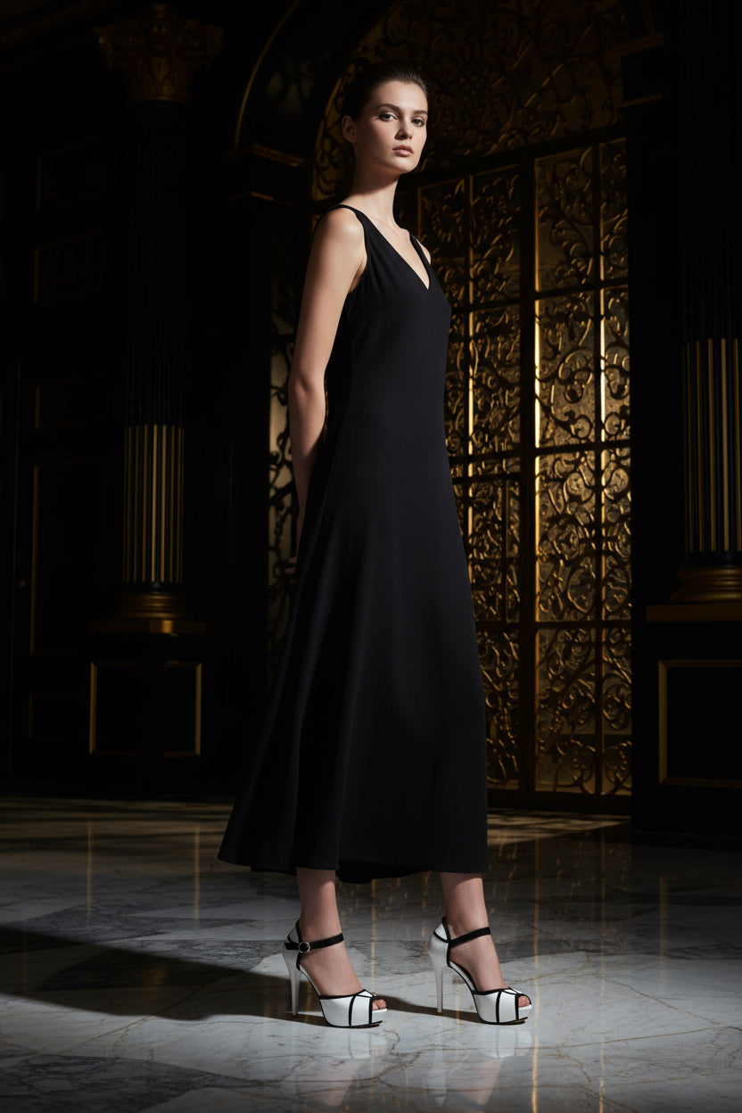 Black and white high-heeled shoes worn by a person on a light-colored floor.
