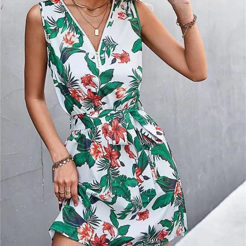 V-Neck Zip Dress for Women - Spring and Summer