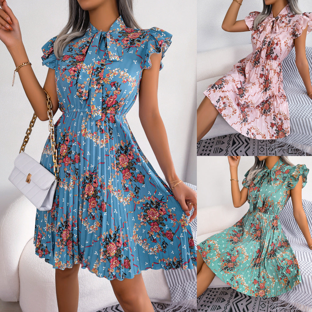 2024 Spring/Summer Floral Waist-Tie Pleated Skirt