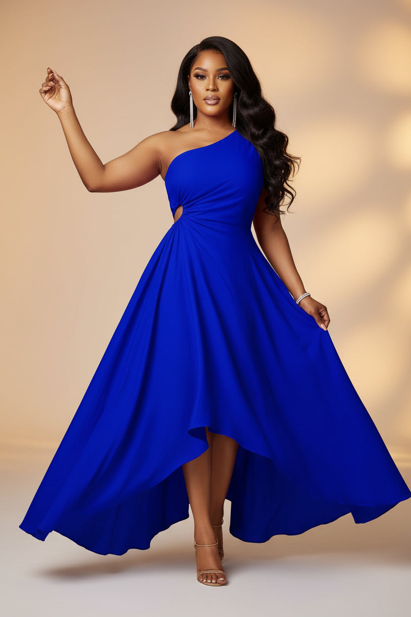 Woman wearing a blue one-shoulder dress on a white background