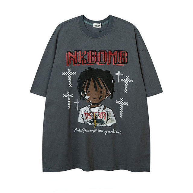 Korean Retro Cartoon Printed Hip Hop T-Shirt for Men