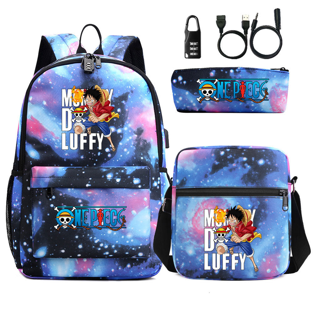 Cartoon One Piece USB Password Lock Backpack Set