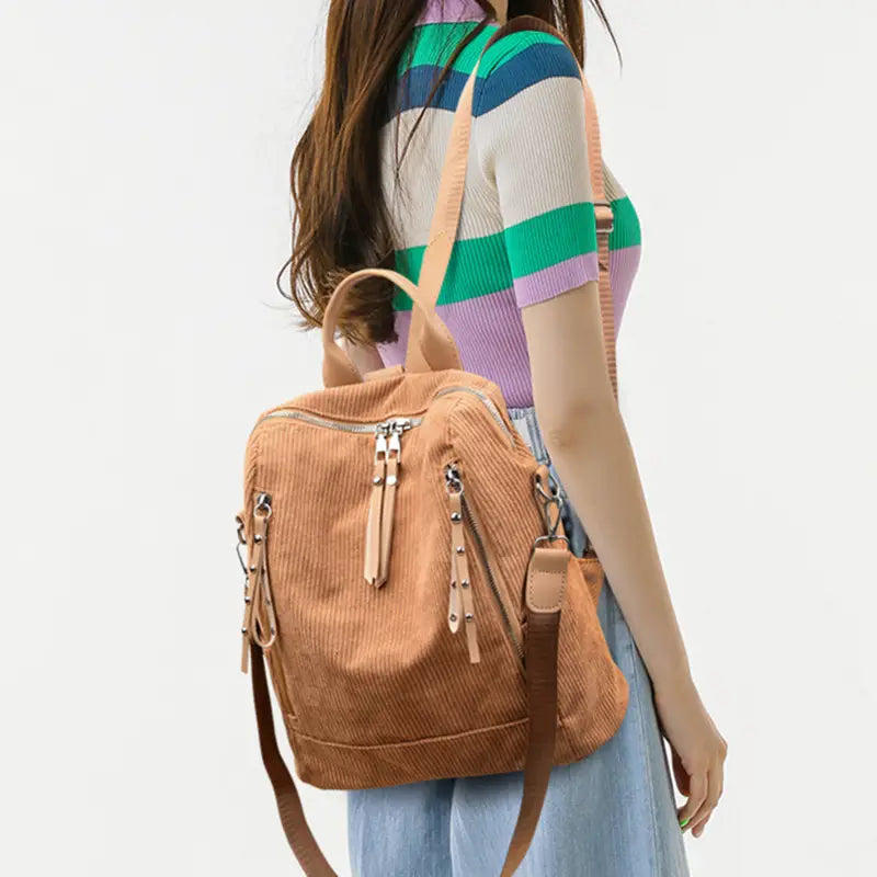 2-Piece Corduroy Backpack Set with Shoulder Bag & Clutch