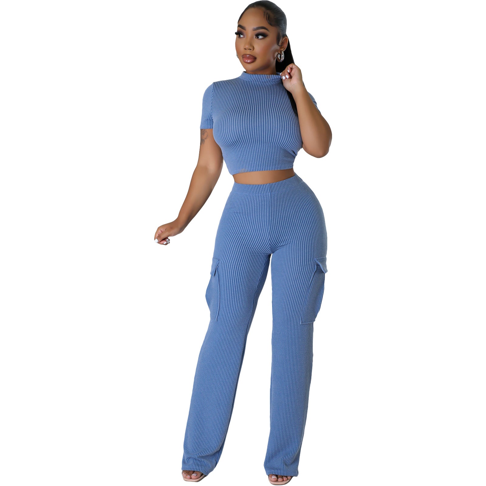 X9469 Fashionable Solid Color Short Sleeve Two-Piece Set