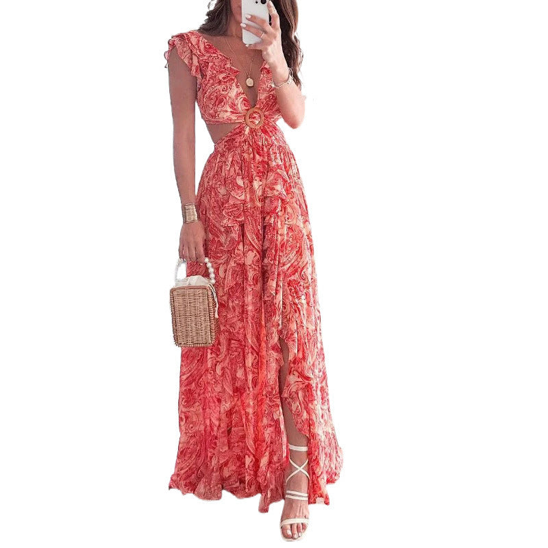 2023 Summer Print Deep V Sexy Long Dress for Women
