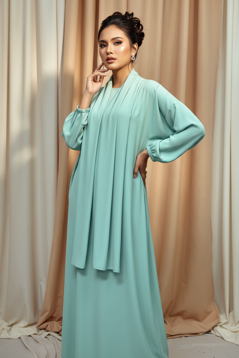 Light blue dress hanging on a rack against a neutral background