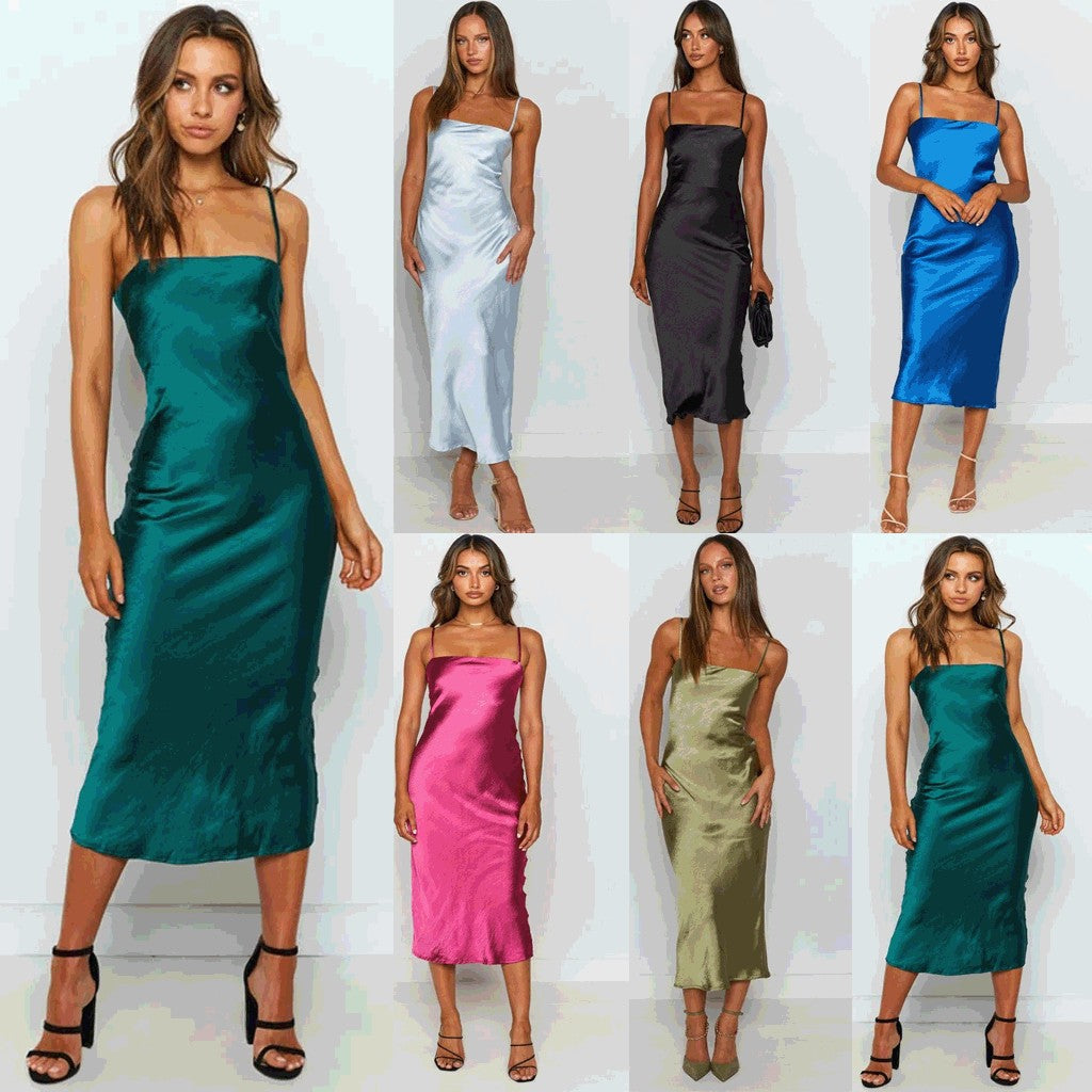 Elegant Backless Lace-Up Satin Suspender Dress