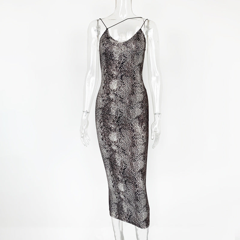Spring V-Neck Snake Print Midi Dress