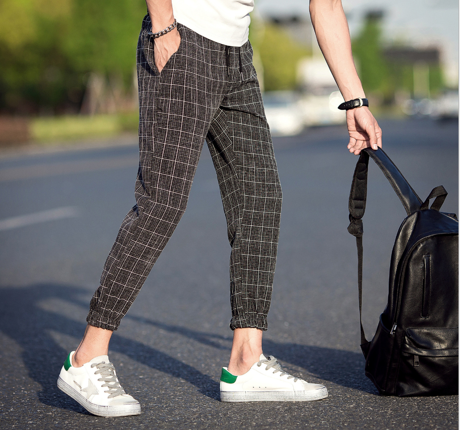 Men's Casual Loose Fit Plaid Linen Ankle Pants