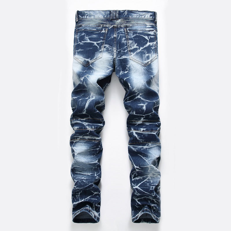 Zippered Floral Motorcycle Denim Pants for Men