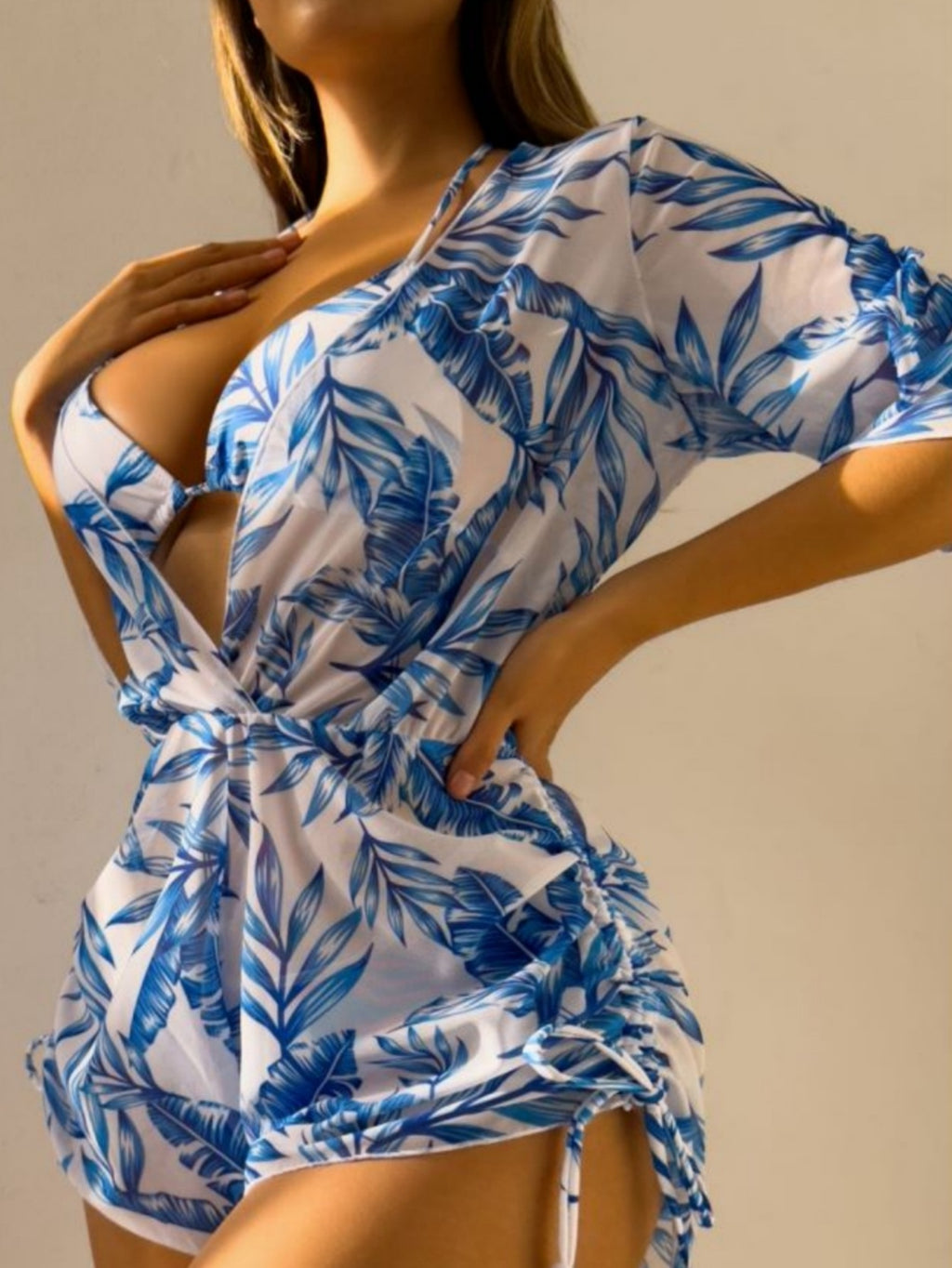 2023 Fashionable Three-Piece Bikini Set with Leaves Print
