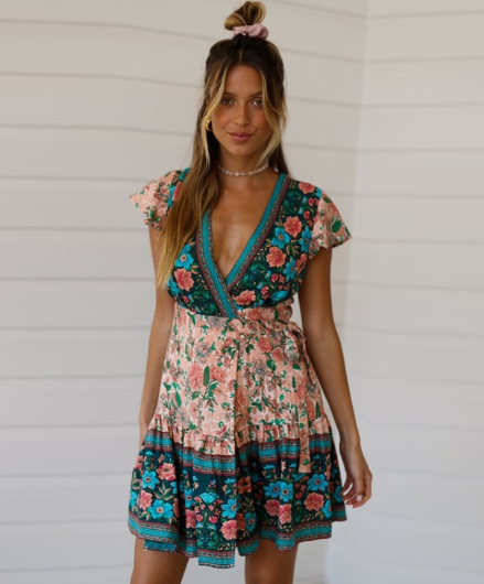 2020 Summer Fashion Print Knot Front Dress for Women