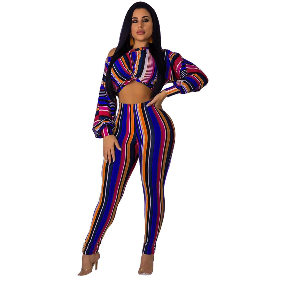 Striped Print Long Top and Leggings Two-Piece Set