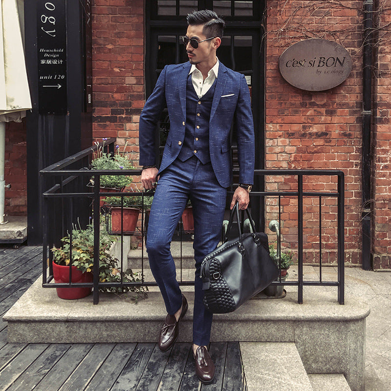 Men's Slim Fit Plaid Three-Piece Suit Set (Plus Size)
