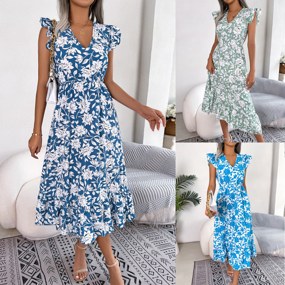 Spring Summer Casual Ruffle Floral Maxi Dress