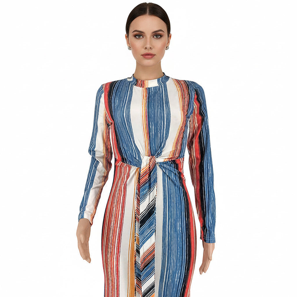 The Hiver Striped Long Sleeve Midi Dress | Evarisluxe
