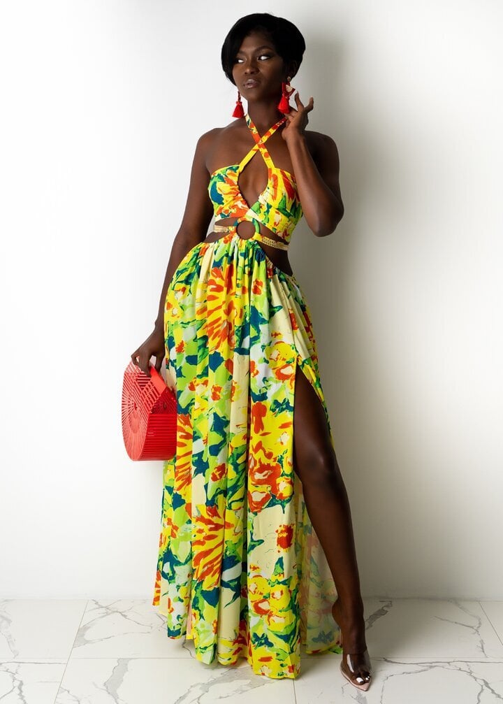 Evarisluxe Sleeveless Printed Halter Dress