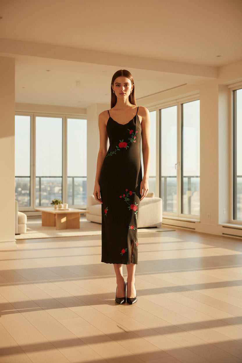Black slip dress with floral embroidery on a white background