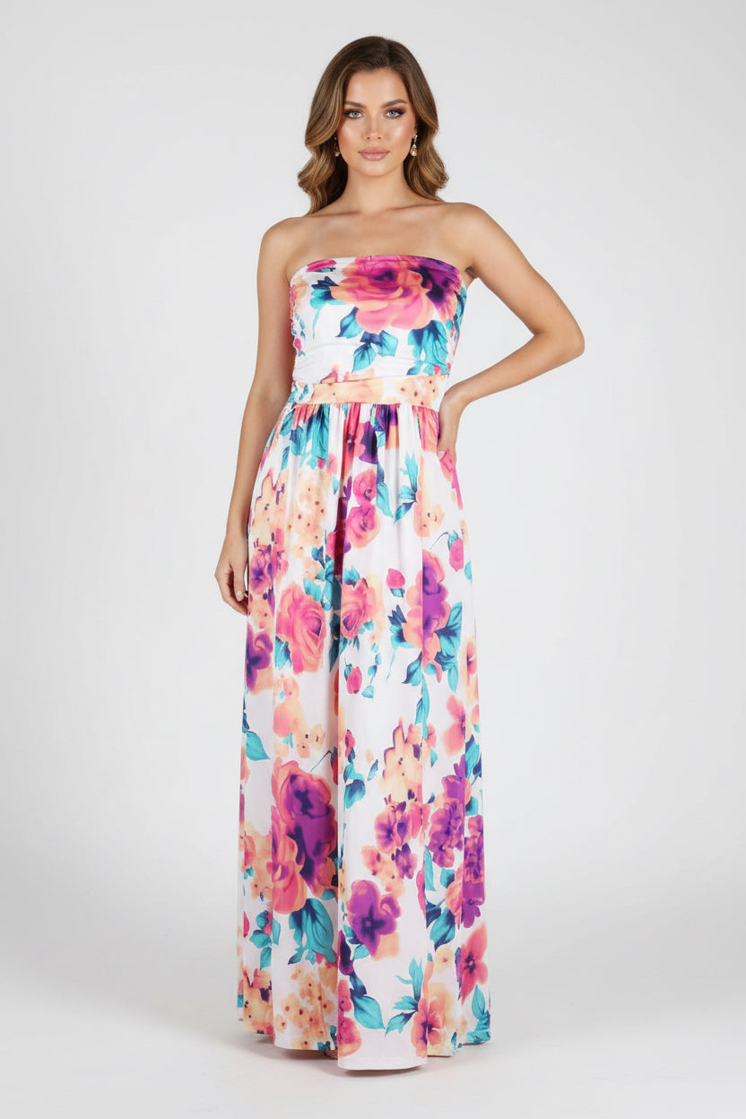 Floral strapless maxi dress on a white background