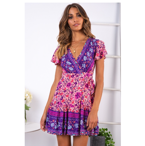 New Spring Summer Bohemian Print V-Neck Dress