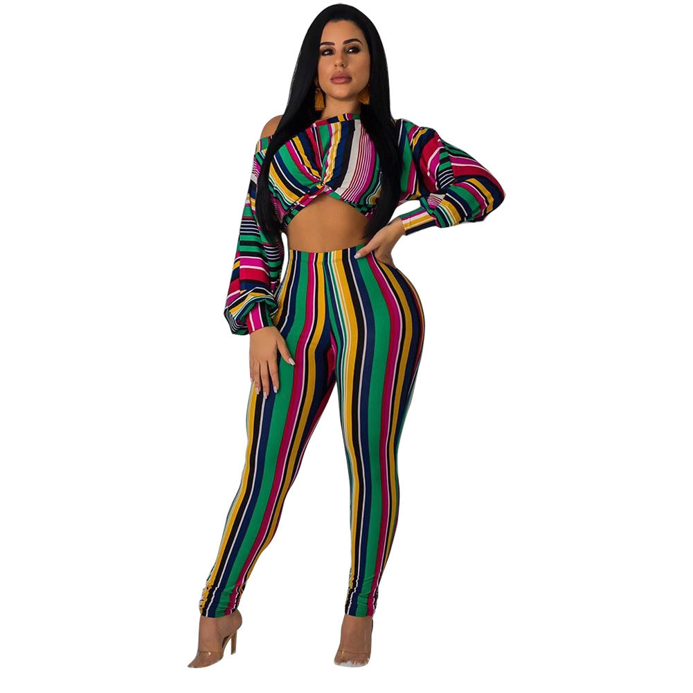 Striped Print Long Top and Leggings Two-Piece Set
