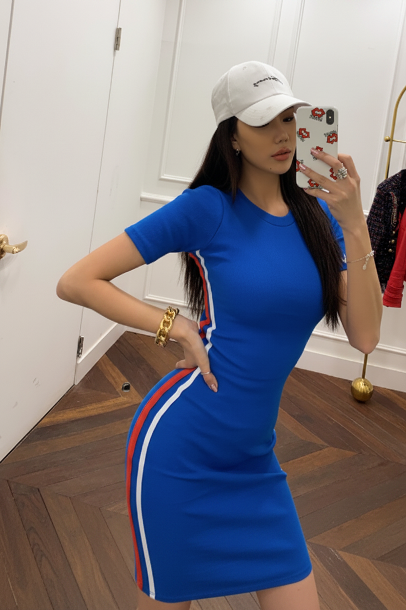 Woman taking a mirror selfie wearing a blue dress with red and white stripes and a white cap.