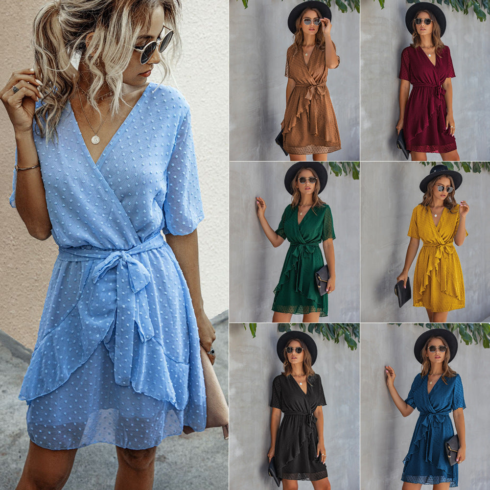 Summer V-Neck Ruffled Waist Dress for Women 2020