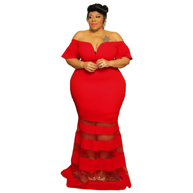 Evarisluxe Plus Size Mesh Puff Sleeve Gala Dress