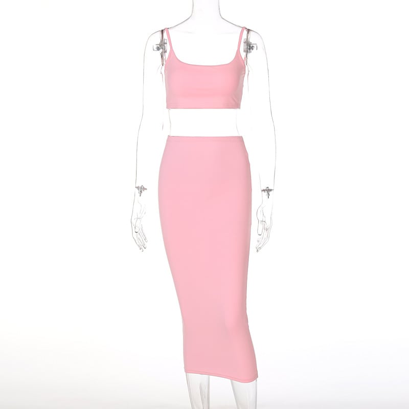 Two-piece Solid Color Sling Midi Skirt Set