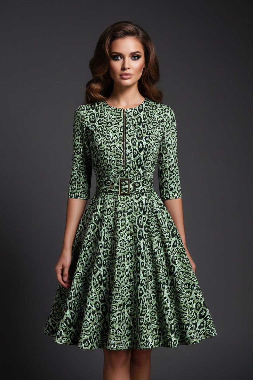 Green leopard print dress on a white background