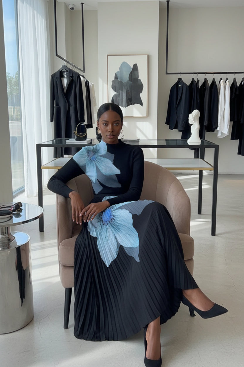 Person wearing a black dress with blue floral patterns in a store setting.