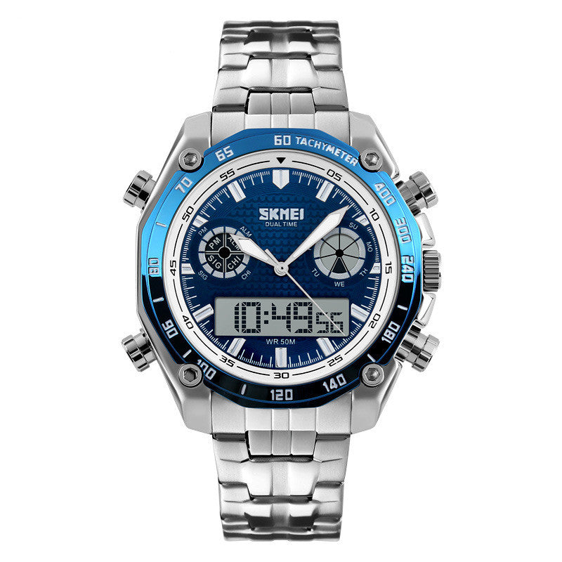 Large Dial Steel Band Men's Watch - Dual Display Business Watch