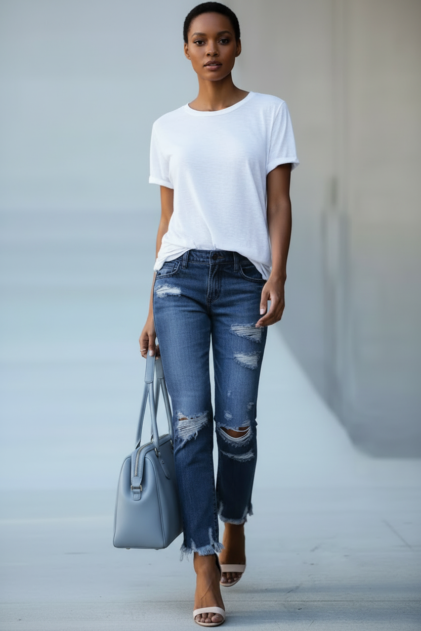 Person wearing distressed blue jeans holding a gray handbag against a light background