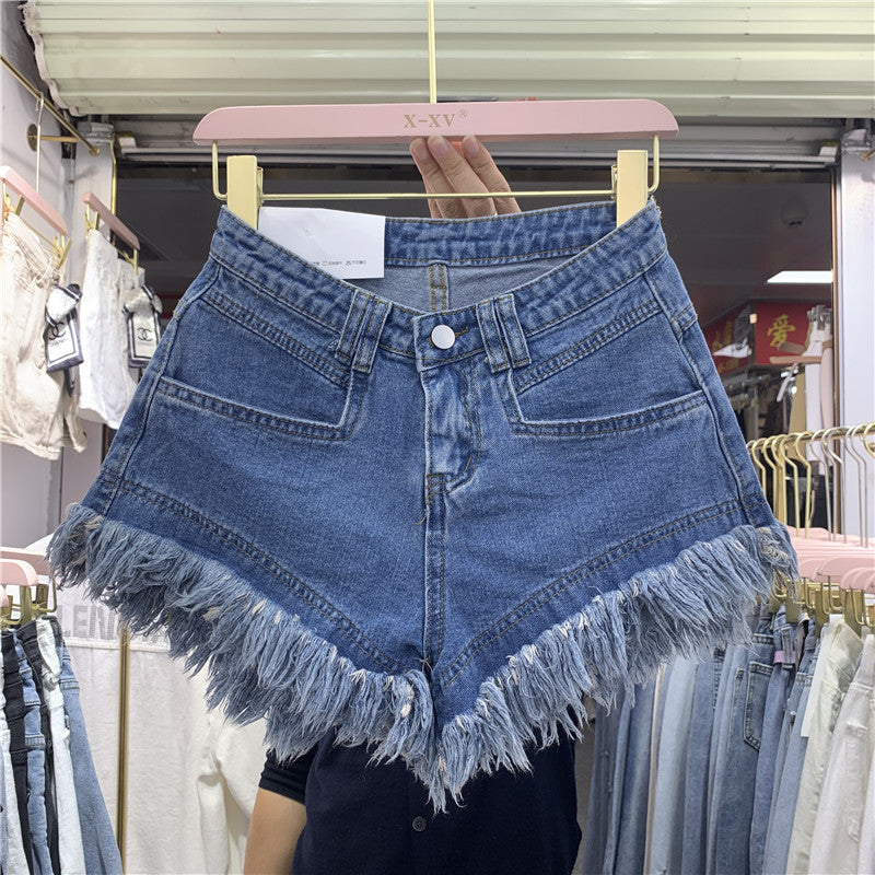 Fringed High-Waisted Denim Shorts for Women Summer