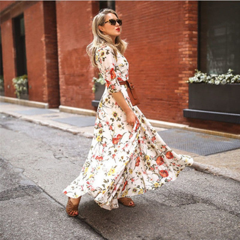 2024 Spring Autumn Floral Chiffon Long Dress