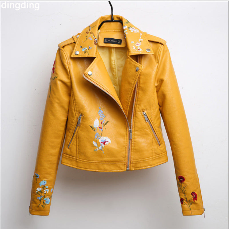 2018 Women's Korean Style Embroidered Leather Jacket