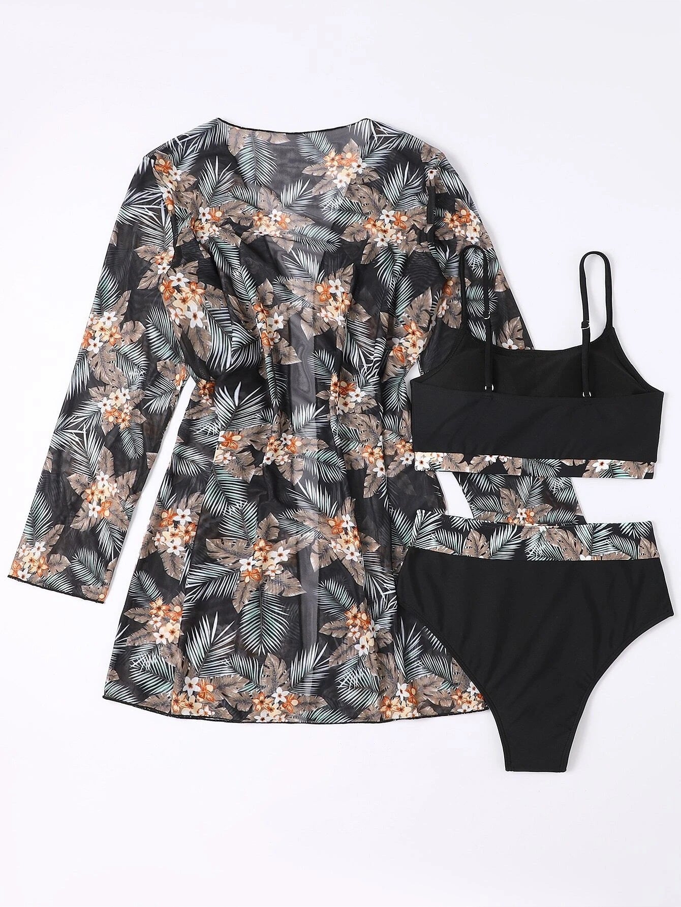 High Waist Women's Three-Piece Swimsuit Set with Cover-Up