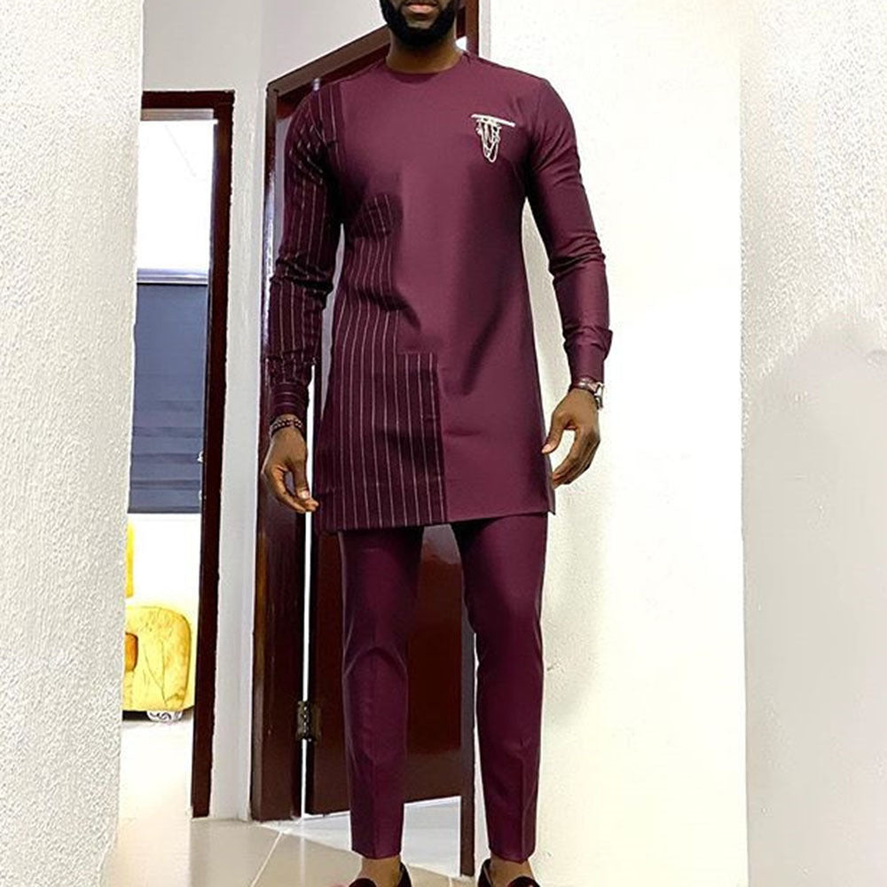 Deep Red African Ethnic Style Robe Shirt and Pants Set