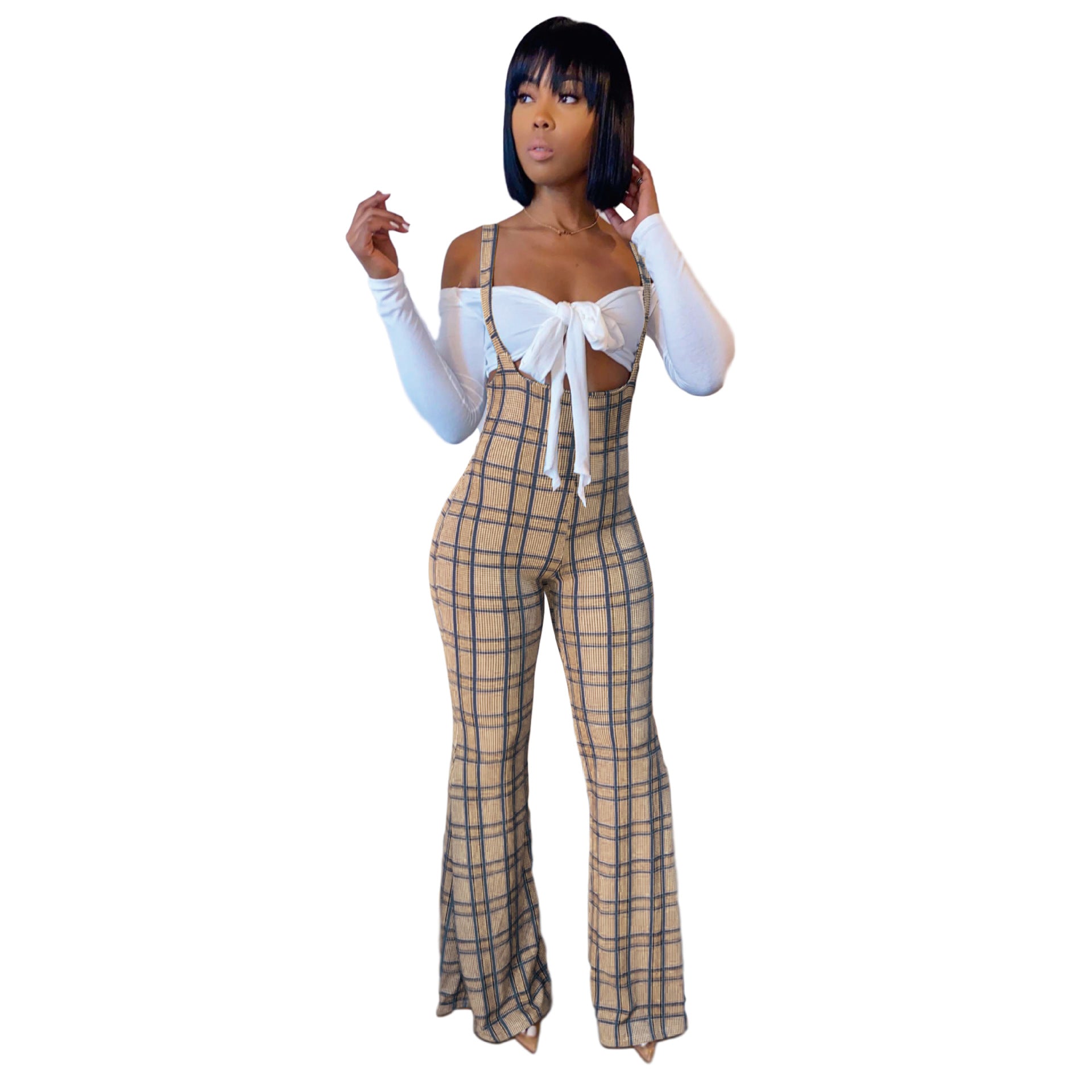 B2009 Checkered Print Bodysuit Two-Piece Set