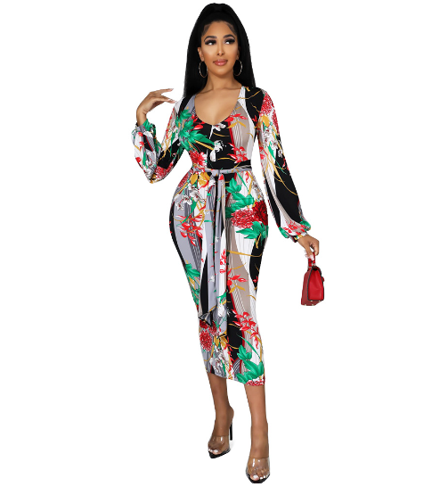 Evarisluxe Long Sleeve Printed Wrap Dress