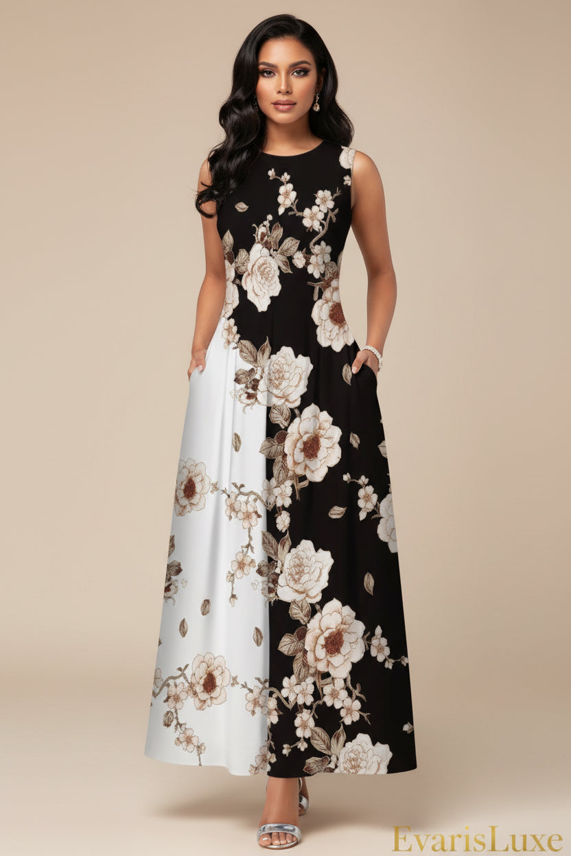Woman modeling a floral dress with multiple color variations on a gray background