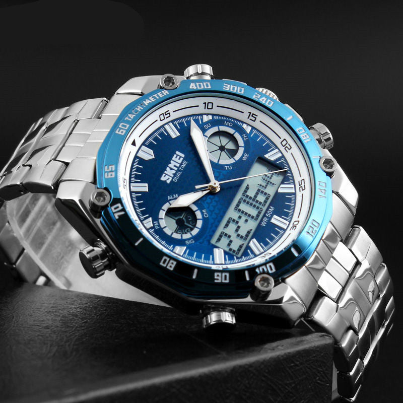 Large Dial Steel Band Men's Watch - Dual Display Business Watch
