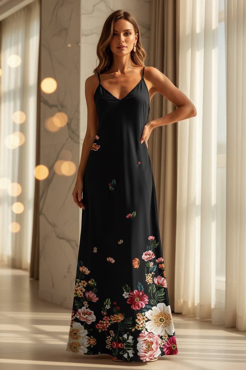 Black dress with floral patterns worn by a person on a white background