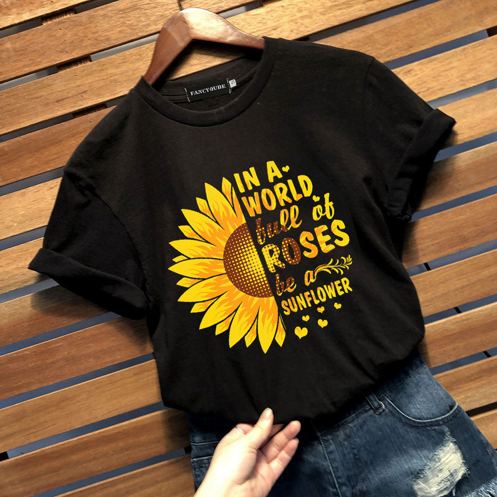 Summer Sunflower Letter Print Cotton T-Shirt for Women
