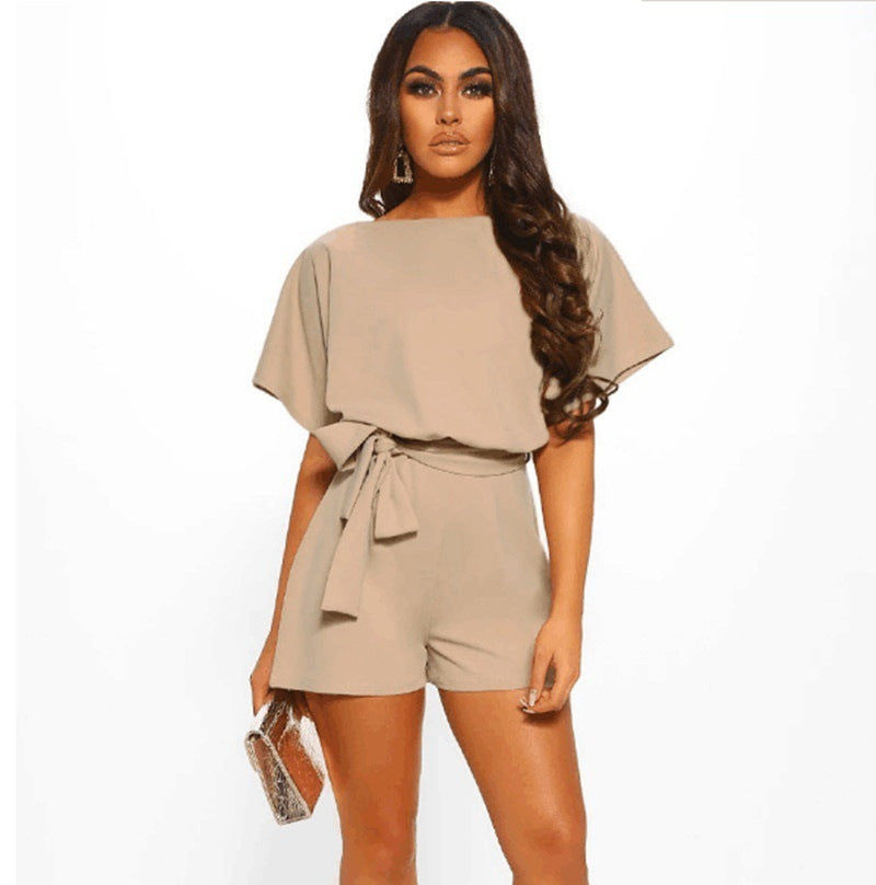 Fashionable Solid Color Belted Short Jumpsuit for Summer