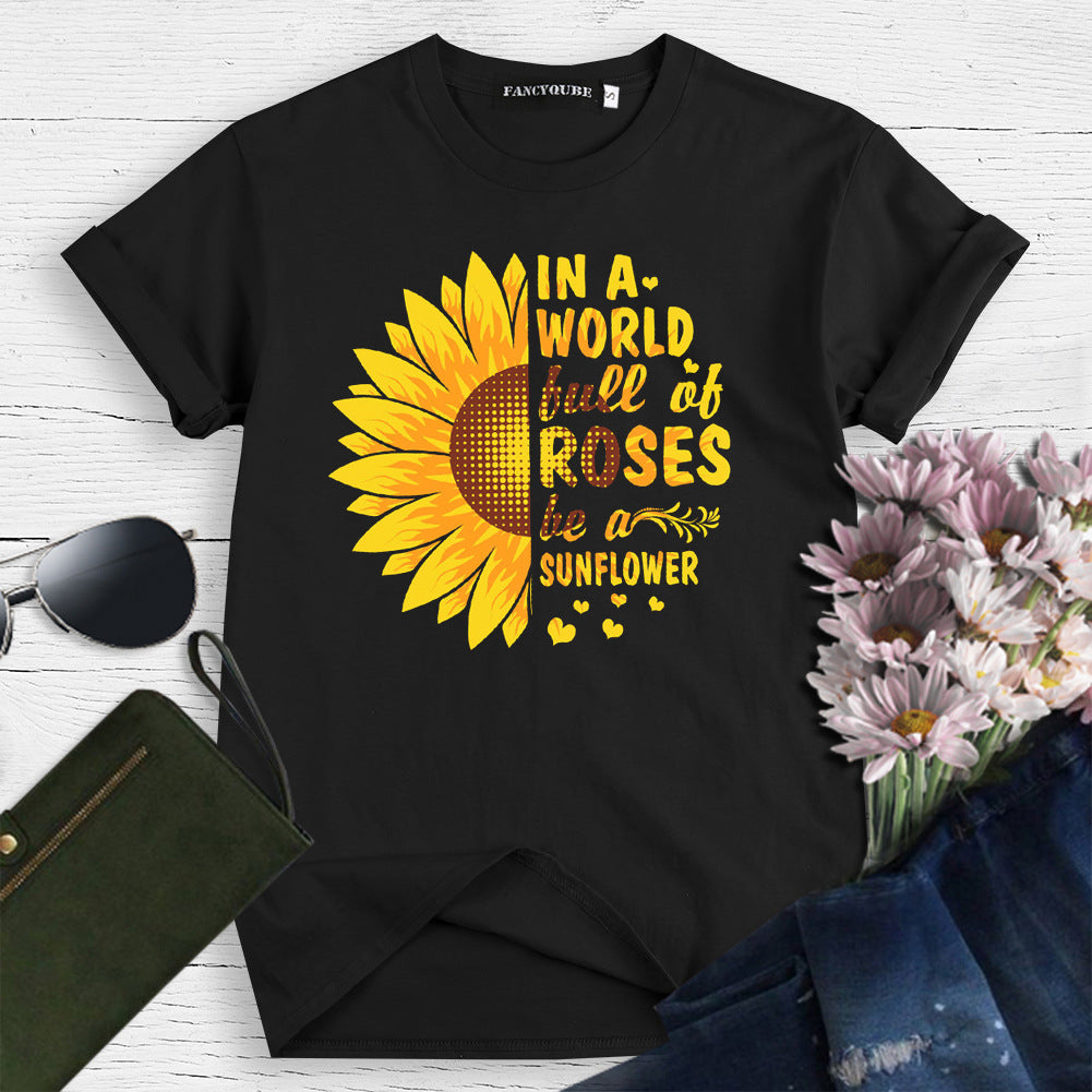 Summer Sunflower Letter Print Cotton T-Shirt for Women