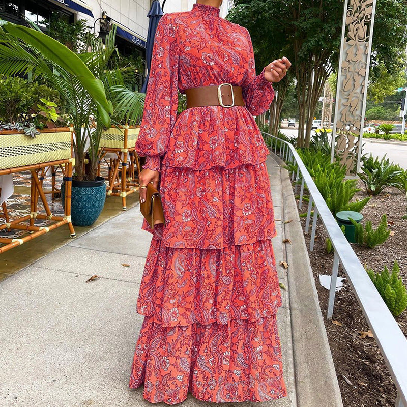 Evarisluxe Ruffled Floral Half-Turtleneck Dress